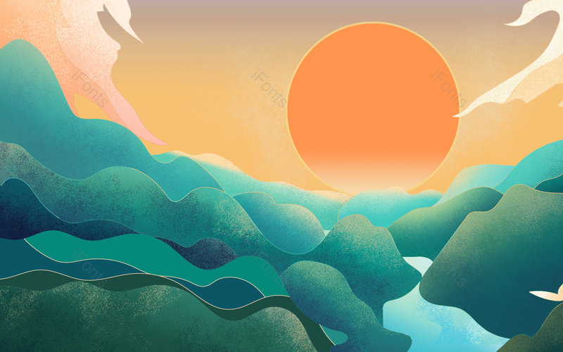 国潮插画装饰山川河流山脉云朵太阳背景,插画/手绘图,插画/手绘图库,插画/手绘图下载,插画/手绘